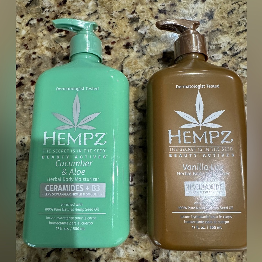 Hempz lotions (2) 17 oz Vanilla Lux and Cucumber & Aloe